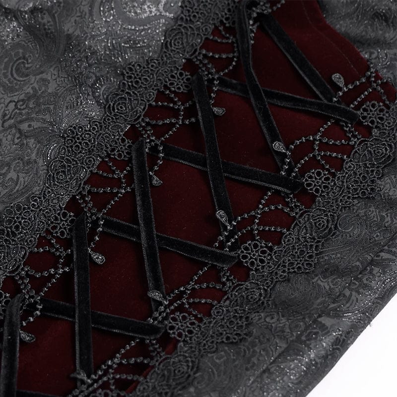 DEVIL FASHION Men's Gothic Velvet Splice Lace-up Cross Pants Black-Red