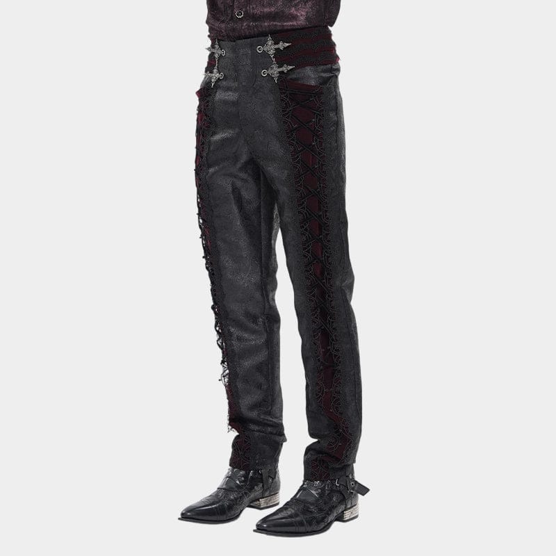 DEVIL FASHION Men's Gothic Velvet Splice Lace-up Cross Pants Black-Red