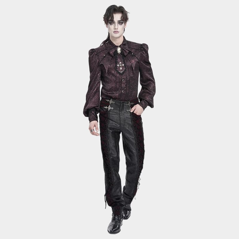 DEVIL FASHION Men's Gothic Velvet Splice Lace-up Cross Pants Black-Red