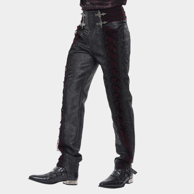 DEVIL FASHION Men's Gothic Velvet Splice Lace-up Cross Pants Black-Red