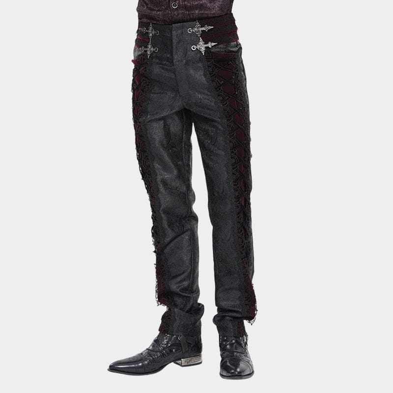 DEVIL FASHION Men's Gothic Velvet Splice Lace-up Cross Pants Black-Red