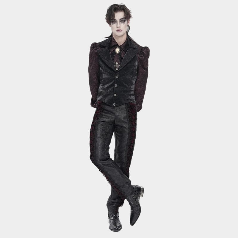 DEVIL FASHION Men's Gothic Velvet Splice Lace-up Cross Pants Black-Red