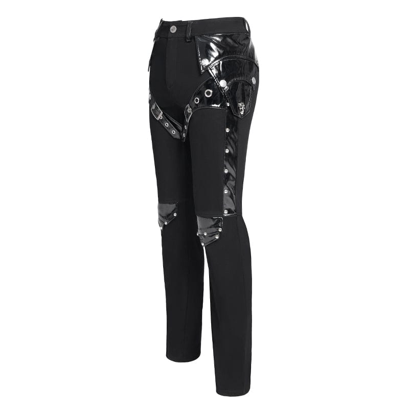 DEVIL FASHION Men's Punk Armor Patent Leather Splice Pants