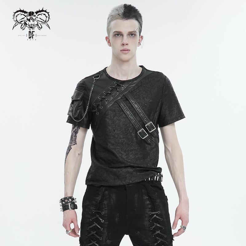 DEVIL FASHION Men's Punk Buckle Splice Faux Leather T-shirt