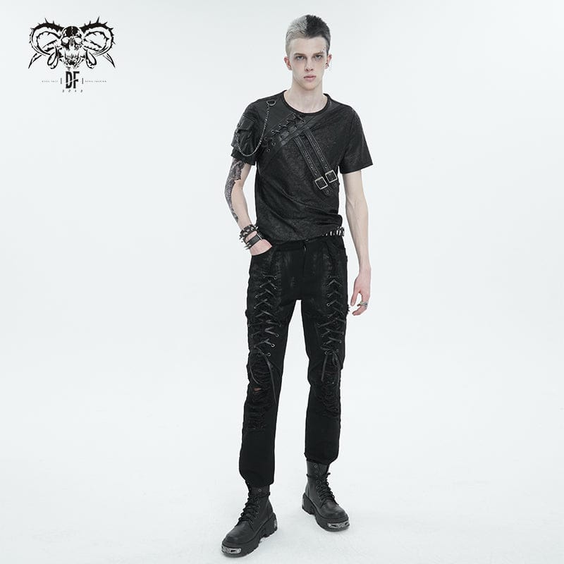 DEVIL FASHION Men's Punk Buckle Splice Faux Leather T-shirt