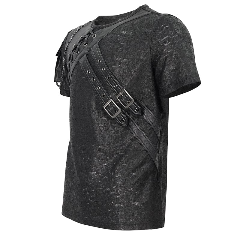 DEVIL FASHION Men's Punk Buckle Splice Faux Leather T-shirt