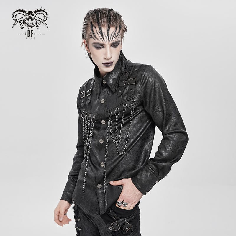 DEVIL FASHION Men's Punk Buckle Strap Chained Shirt