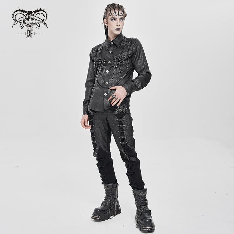 DEVIL FASHION Men's Punk Buckle Strap Chained Shirt