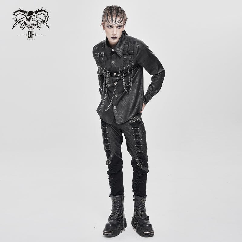 DEVIL FASHION Men's Punk Buckle Strap Chained Shirt