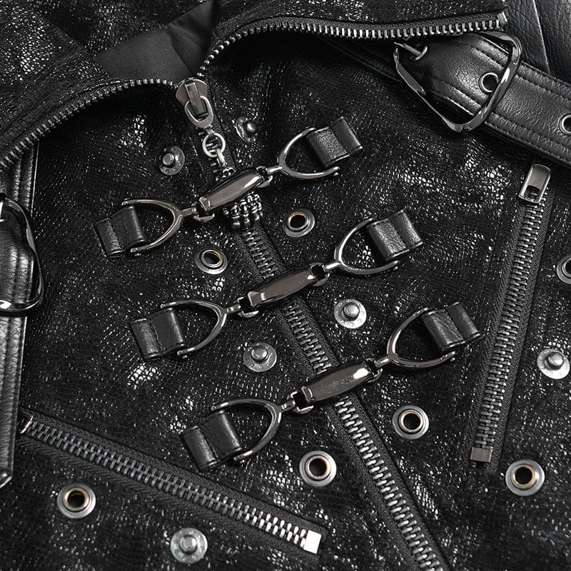 DEVIL FASHION Men's Punk Buckle Strap Faux Leather Splice Coat