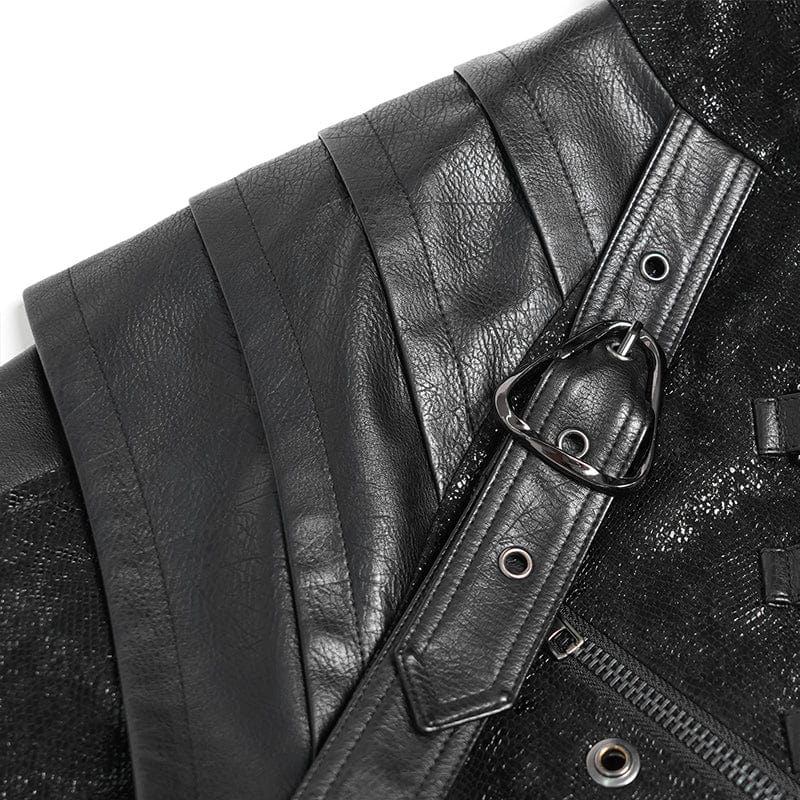 DEVIL FASHION Men's Punk Buckle Strap Faux Leather Splice Coat