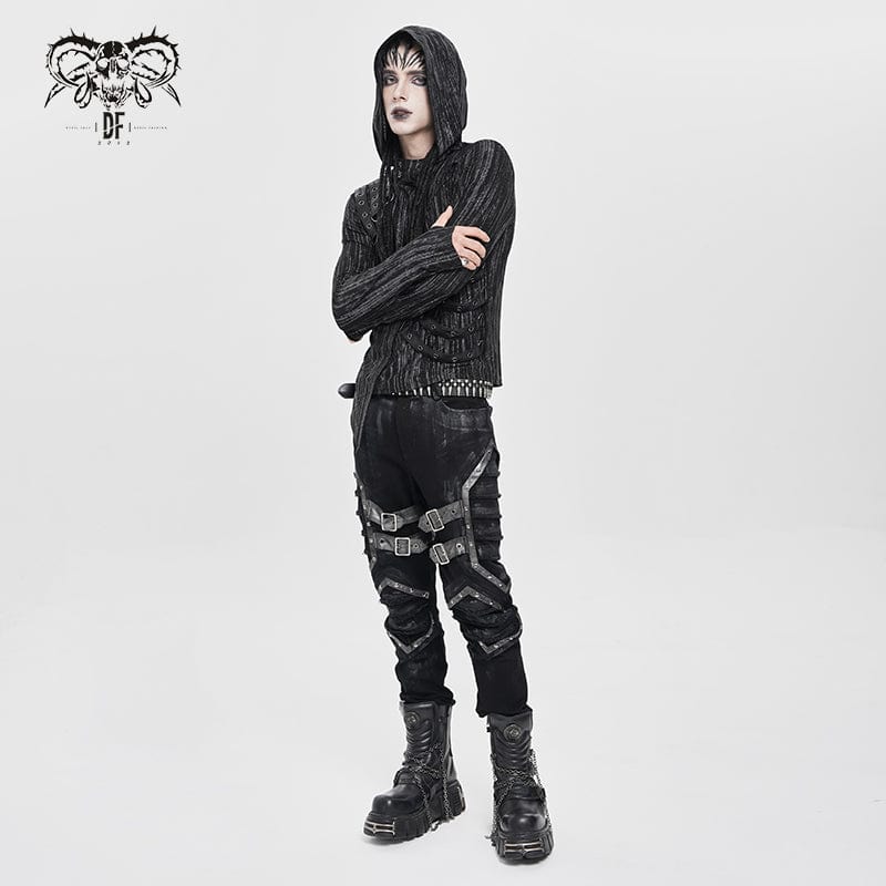 DEVIL FASHION Men's Punk Buckle Strap Pleated Pants