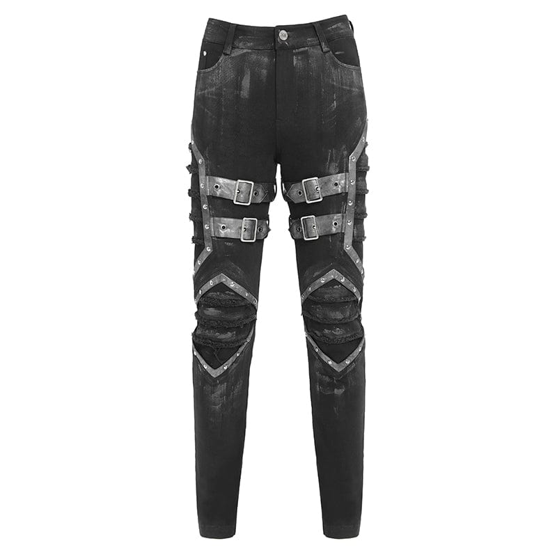 DEVIL FASHION Men's Punk Buckle Strap Pleated Pants