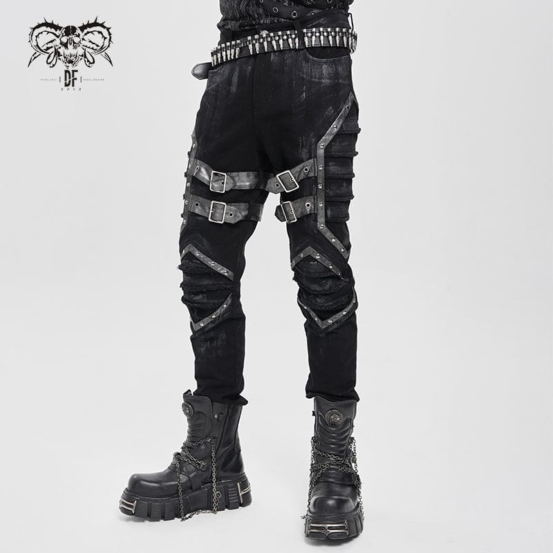 DEVIL FASHION Men's Punk Buckle Strap Pleated Pants