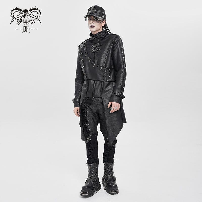 DEVIL FASHION Men's Punk Buckle-up Stand Collar Studded Coat