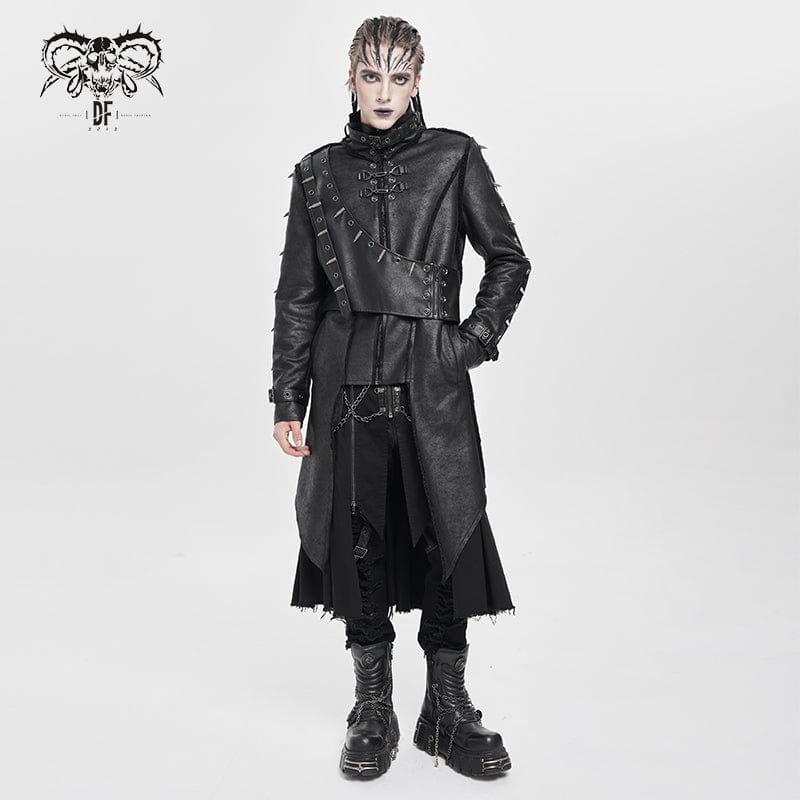 DEVIL FASHION Men's Punk Buckle-up Stand Collar Studded Coat