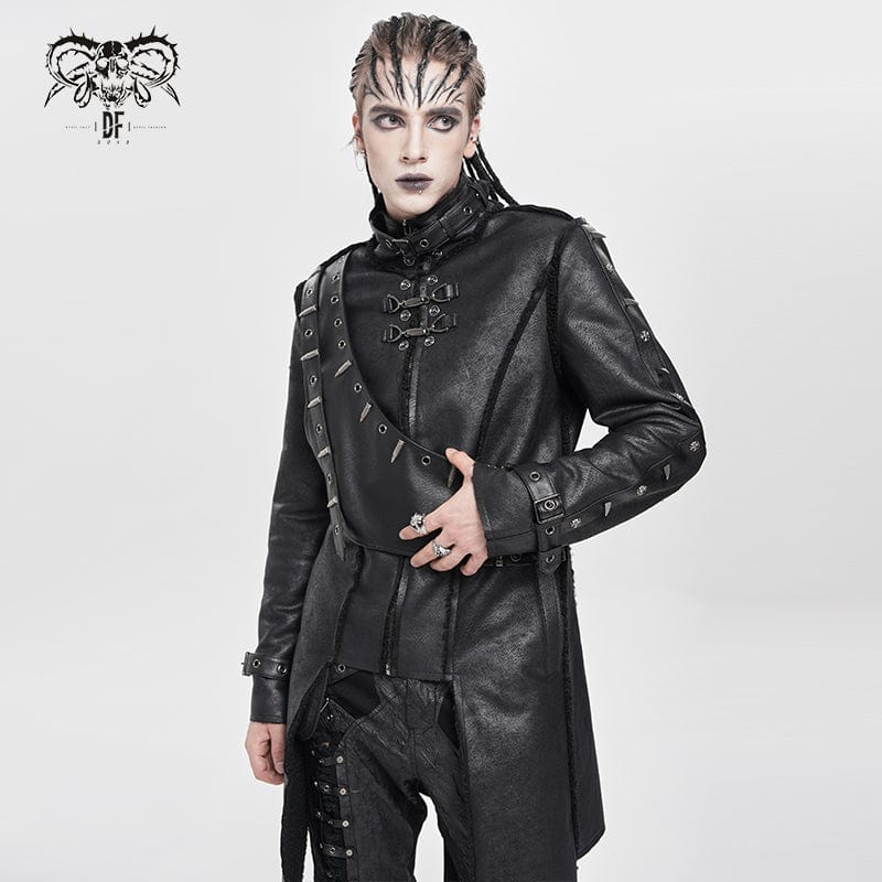 DEVIL FASHION Men's Punk Buckle-up Stand Collar Studded Coat
