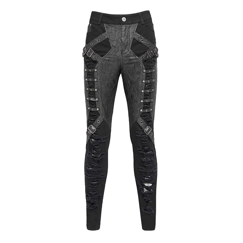 DEVIL FASHION Men's Punk Buckle-up Strap Ripped Pants