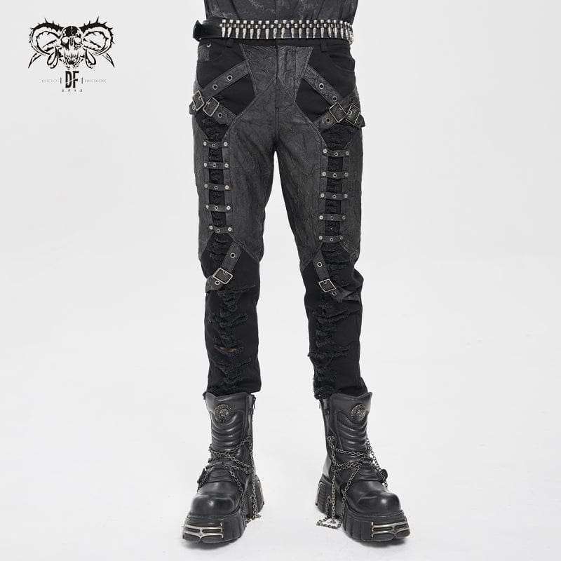 DEVIL FASHION Men's Punk Buckle-up Strap Ripped Pants