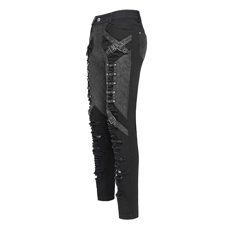 DEVIL FASHION Men's Punk Buckle-up Strap Ripped Pants
