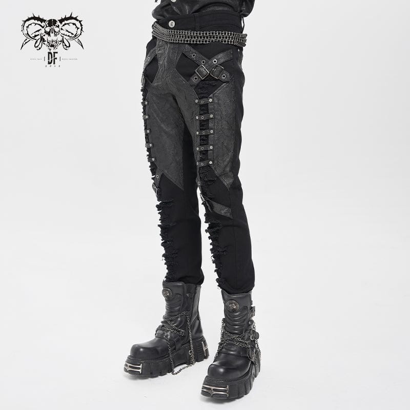 DEVIL FASHION Men's Punk Buckle-up Strap Ripped Pants