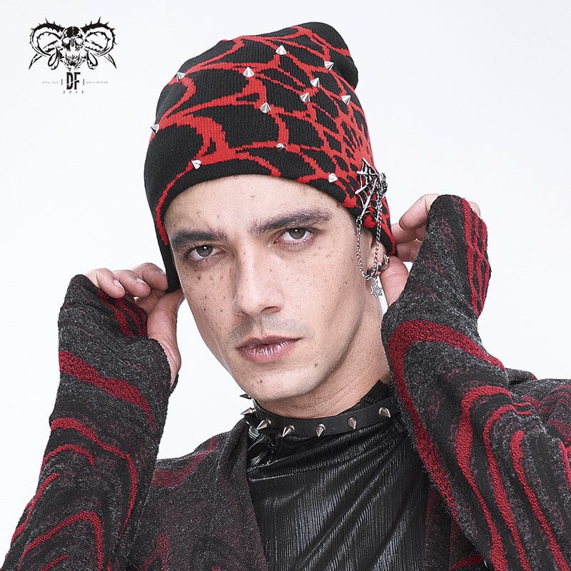 DEVIL FASHION Men's Punk Contrast Color Spider Web Knitted Beanie Red