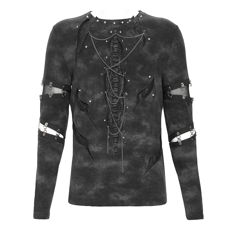 DEVIL FASHION Men's Punk Cutout Rivets Chained Shirt