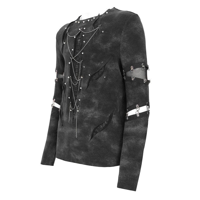 DEVIL FASHION Men's Punk Cutout Rivets Chained Shirt