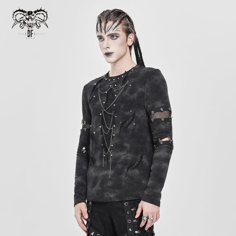 DEVIL FASHION Men's Punk Cutout Rivets Chained Shirt