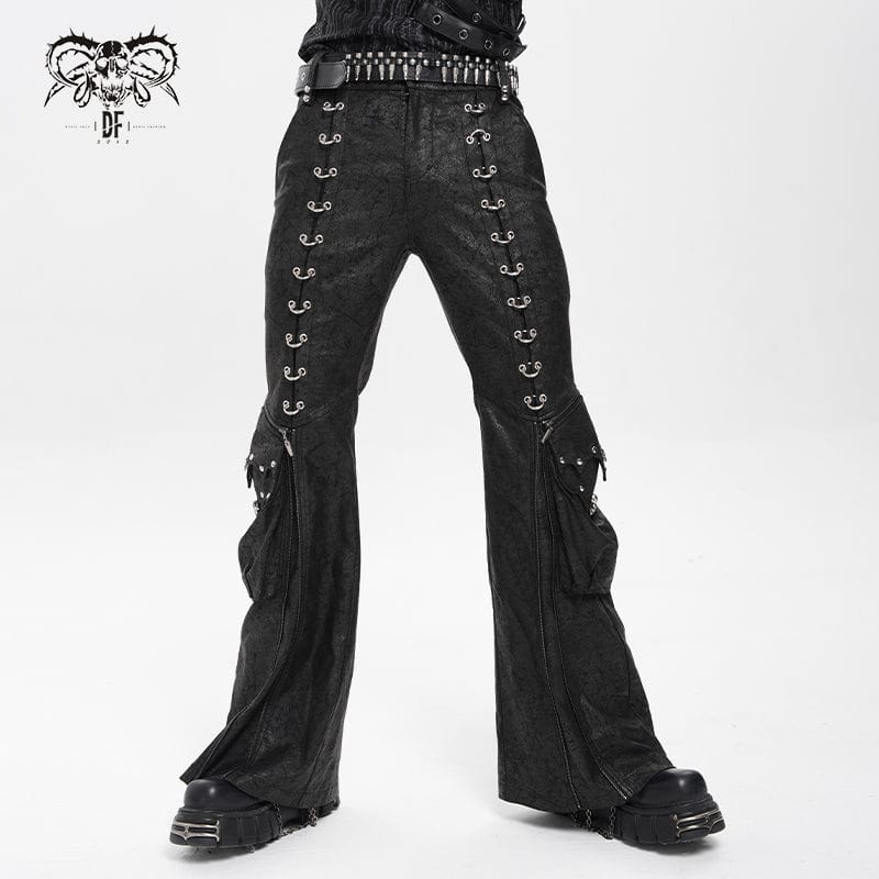 DEVIL FASHION Men's Punk D-ring Buckle Big Pockets Flared Trousers