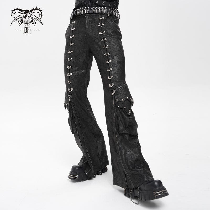 DEVIL FASHION Men's Punk D-ring Buckle Big Pockets Flared Trousers