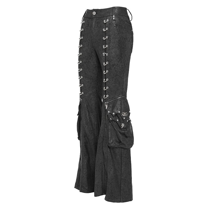 DEVIL FASHION Men's Punk D-ring Buckle Big Pockets Flared Trousers
