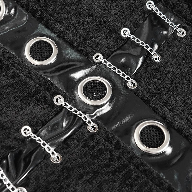 DEVIL FASHION Men's Punk Eyelet Chained Faux Leather Splice Shirt