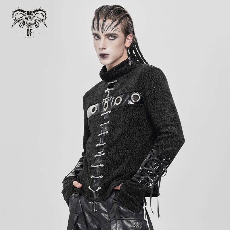 DEVIL FASHION Men's Punk Eyelet Chained Faux Leather Splice Shirt