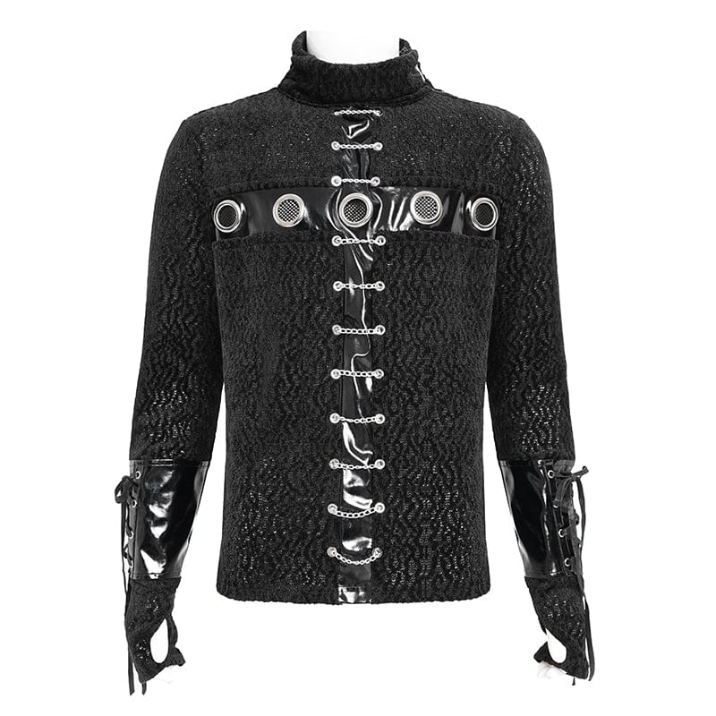 DEVIL FASHION Men's Punk Eyelet Chained Faux Leather Splice Shirt