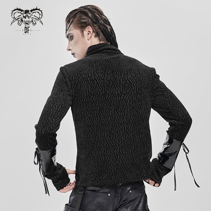 DEVIL FASHION Men's Punk Eyelet Chained Faux Leather Splice Shirt