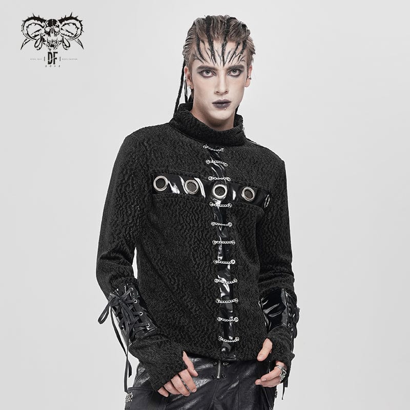 DEVIL FASHION Men's Punk Eyelet Chained Faux Leather Splice Shirt