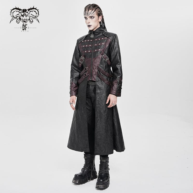 DEVIL FASHION Men's Punk Eyelet Strappy Zip Coat Black-Red
