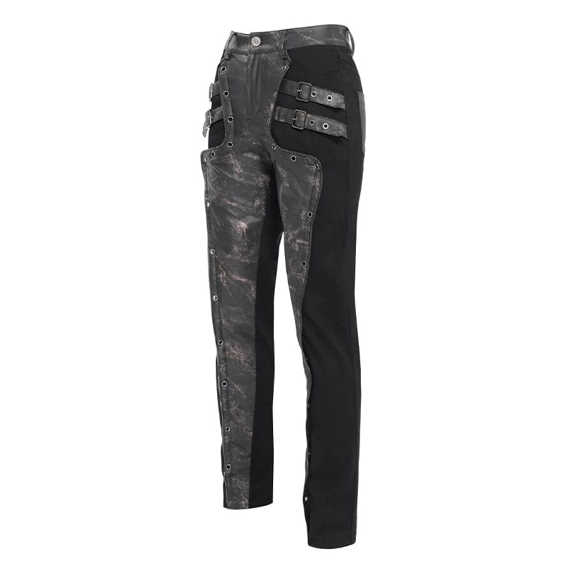 DEVIL FASHION Men's Punk Faux Leather Splice Buckle Pants