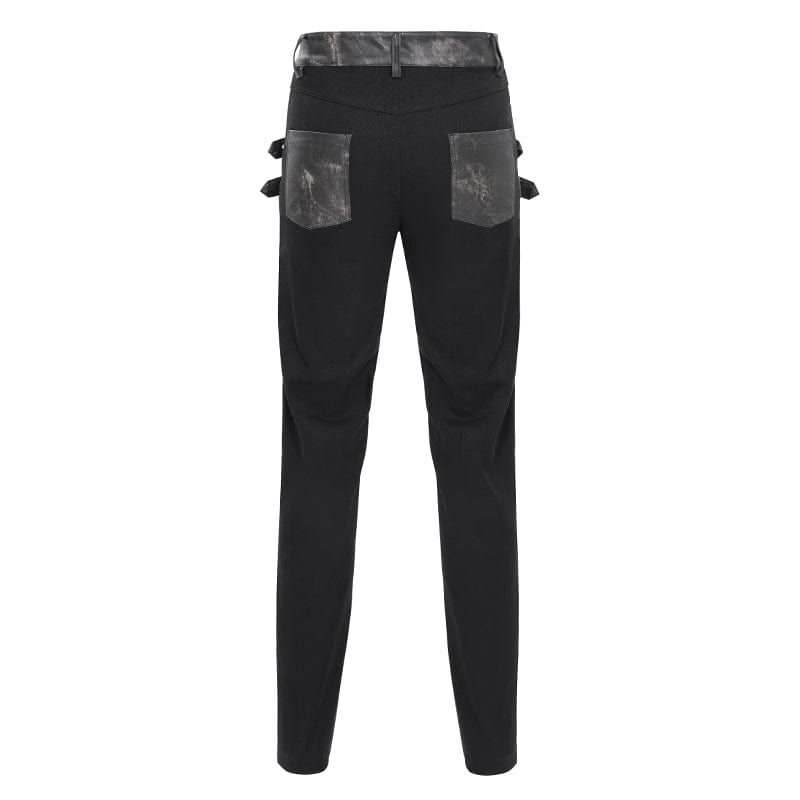 DEVIL FASHION Men's Punk Faux Leather Splice Buckle Pants