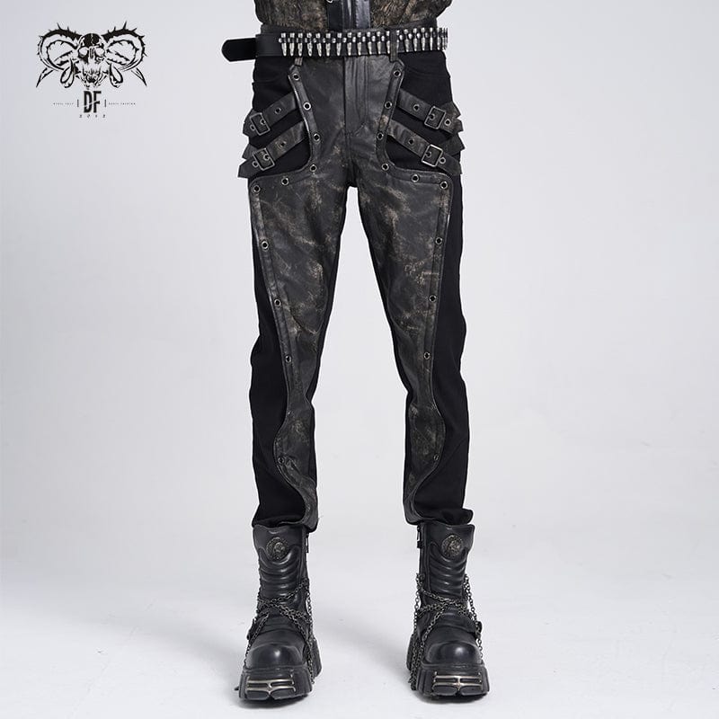 DEVIL FASHION Men's Punk Faux Leather Splice Buckle Pants