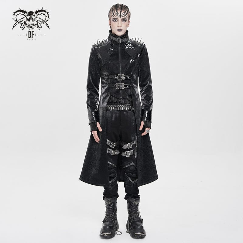 DEVIL FASHION Men's Punk Floral Printed Buckle Strap Rivets Coat
