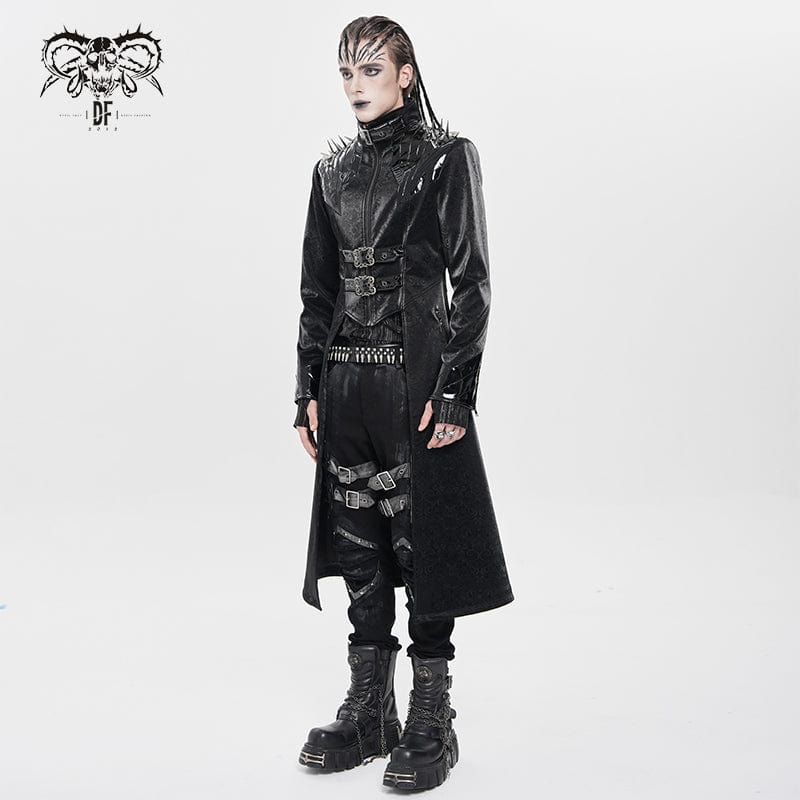 DEVIL FASHION Men's Punk Floral Printed Buckle Strap Rivets Coat