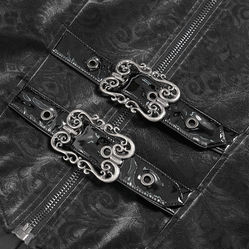 DEVIL FASHION Men's Punk Floral Printed Buckle Strap Rivets Coat