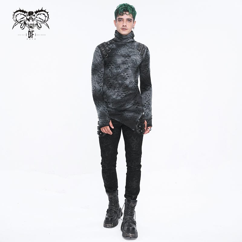 DEVIL FASHION Men's Punk Irregular Stand Collar Ripped Shirt