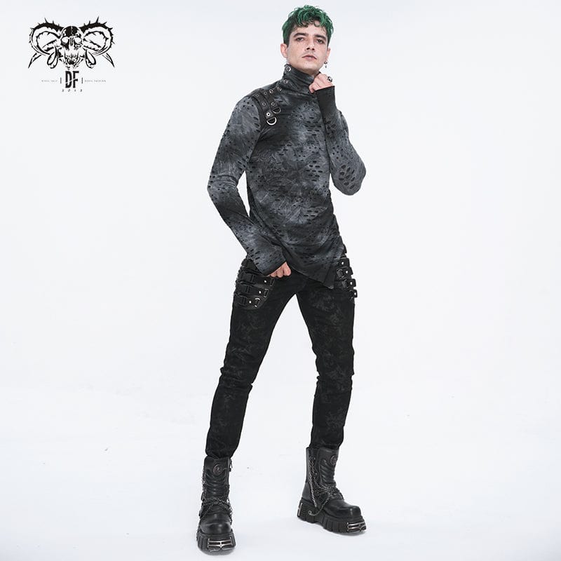 DEVIL FASHION Men's Punk Irregular Stand Collar Ripped Shirt