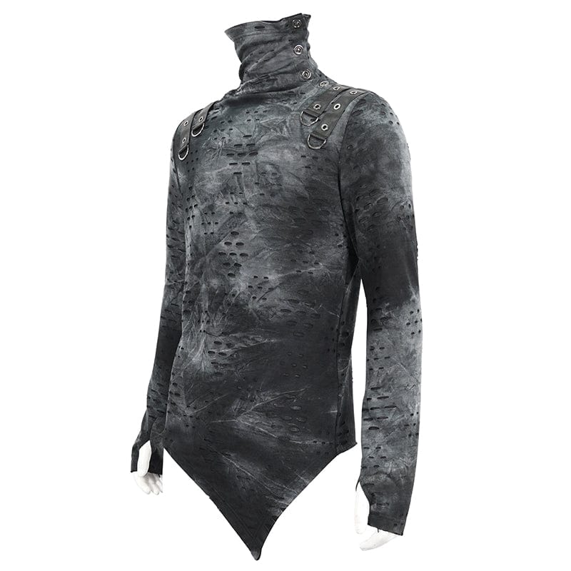 DEVIL FASHION Men's Punk Irregular Stand Collar Ripped Shirt