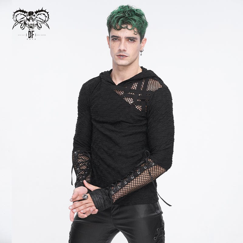 DEVIL FASHION Men's Punk Lace-up Mesh Splice Hoodies