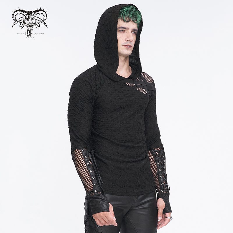 DEVIL FASHION Men's Punk Lace-up Mesh Splice Hoodies