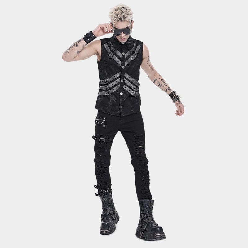DEVIL FASHION Men's Punk Layered Buckle-up Straps Turn-down Collar Top